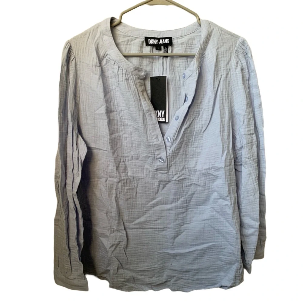 DKNY JEANS Women’s Light Blue Cotton Long Sleeve Henley Style Blouse